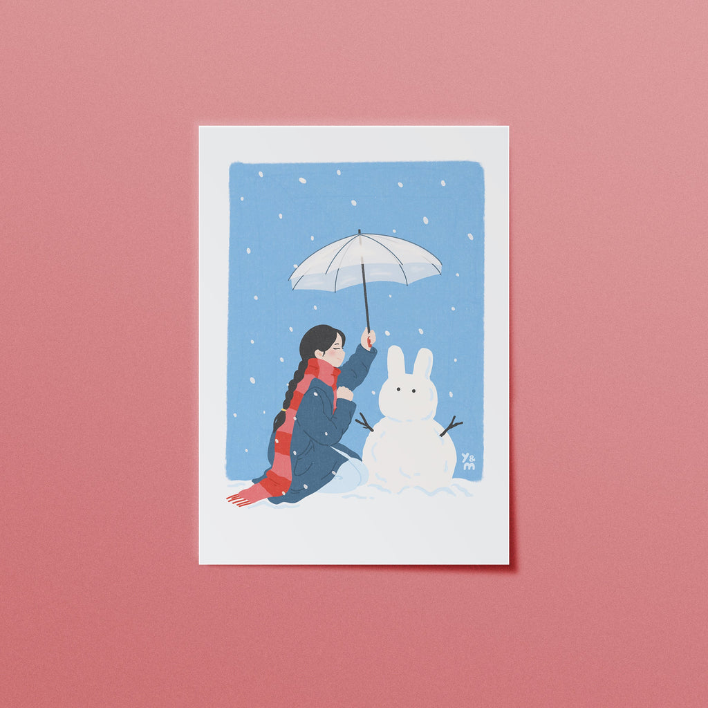 Affiche japonaise hiver Snow Bunny – fille avec parapluie et bonhomme de neige lapin, illustration kawaii