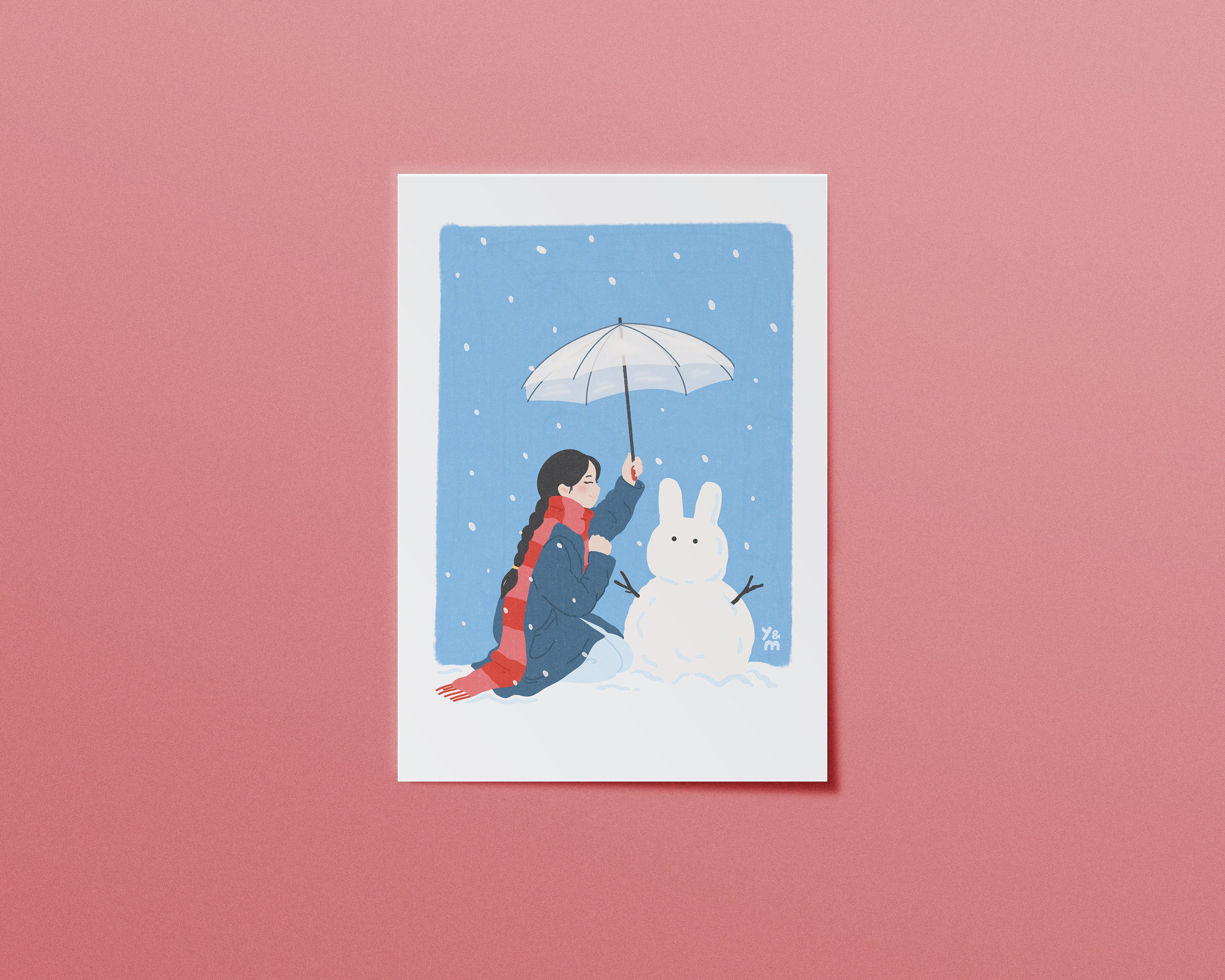 Affiche japonaise hiver Snow Bunny – fille avec parapluie et bonhomme de neige lapin, illustration kawaii