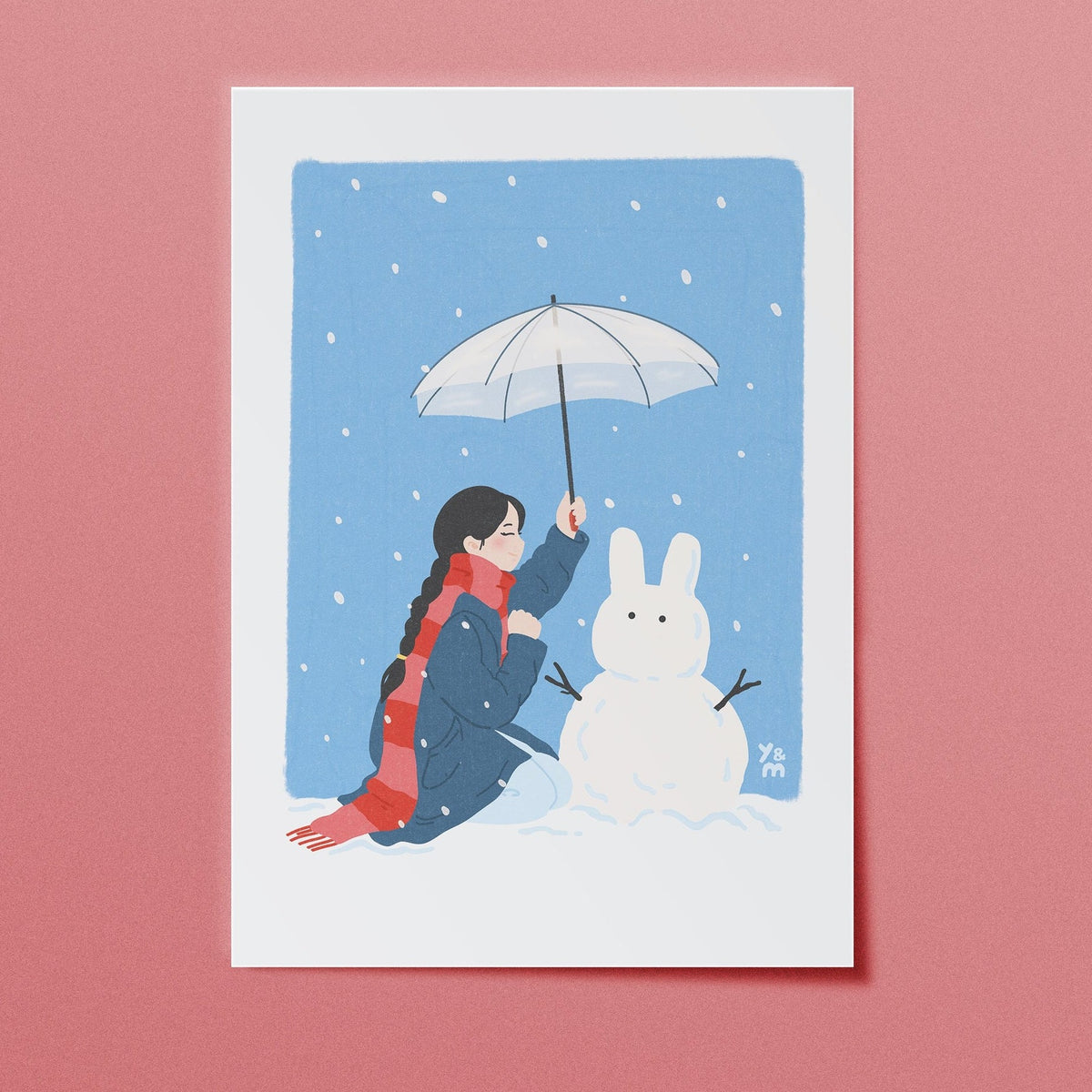 Affiche japonaise hiver Snow Bunny – fille avec parapluie et bonhomme de neige lapin, illustration kawaii