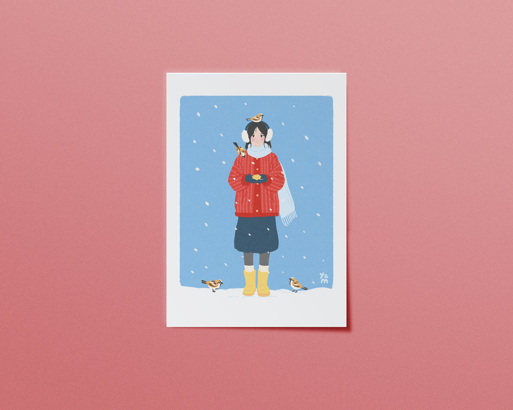 Affiche japonaise hiver Winter Birds – fille en pull rouge nourrissant des oiseaux dans la neige