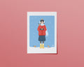 Affiche japonaise hiver Winter Birds – fille en pull rouge nourrissant des oiseaux dans la neige