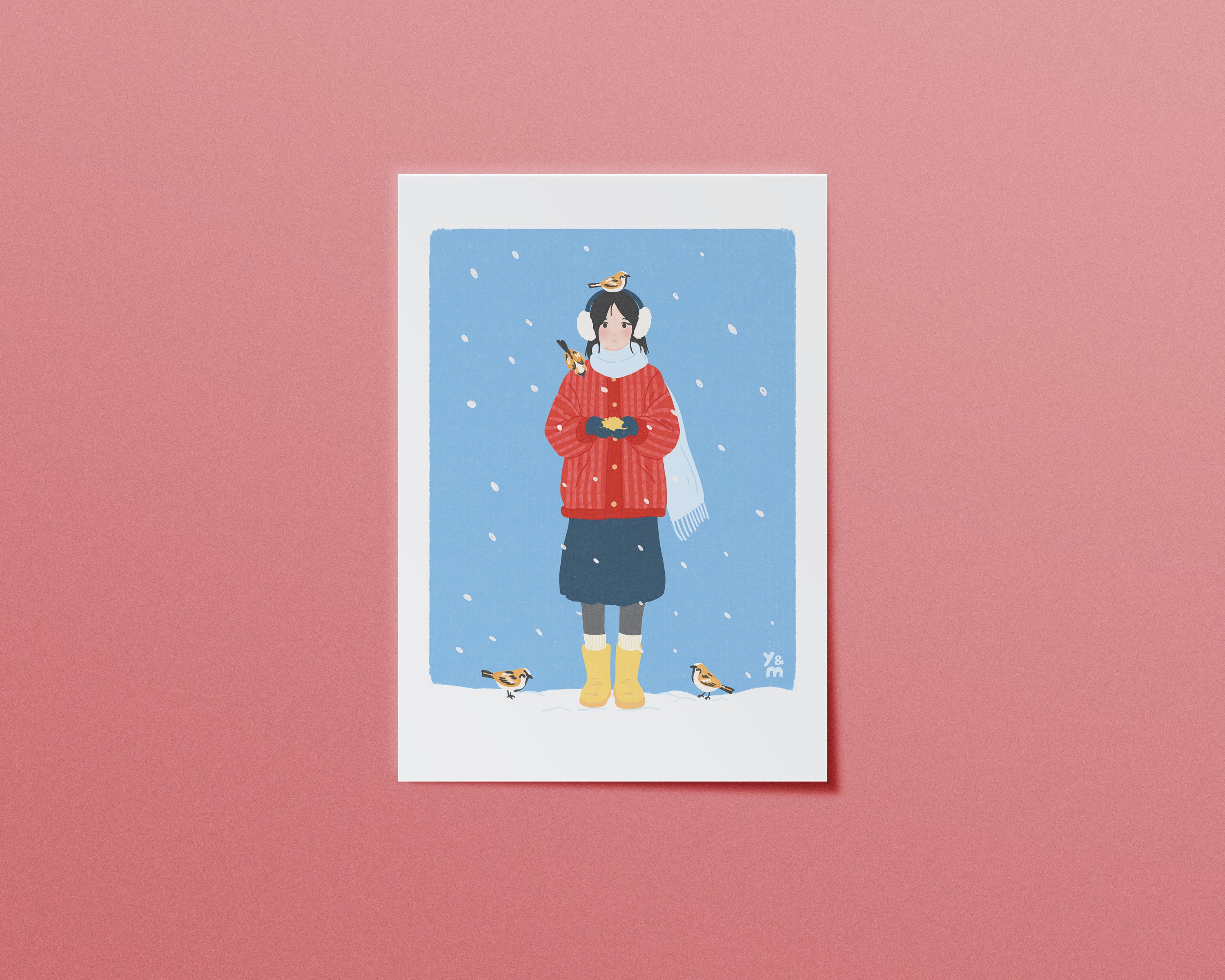Affiche japonaise hiver Winter Birds – fille en pull rouge nourrissant des oiseaux dans la neige