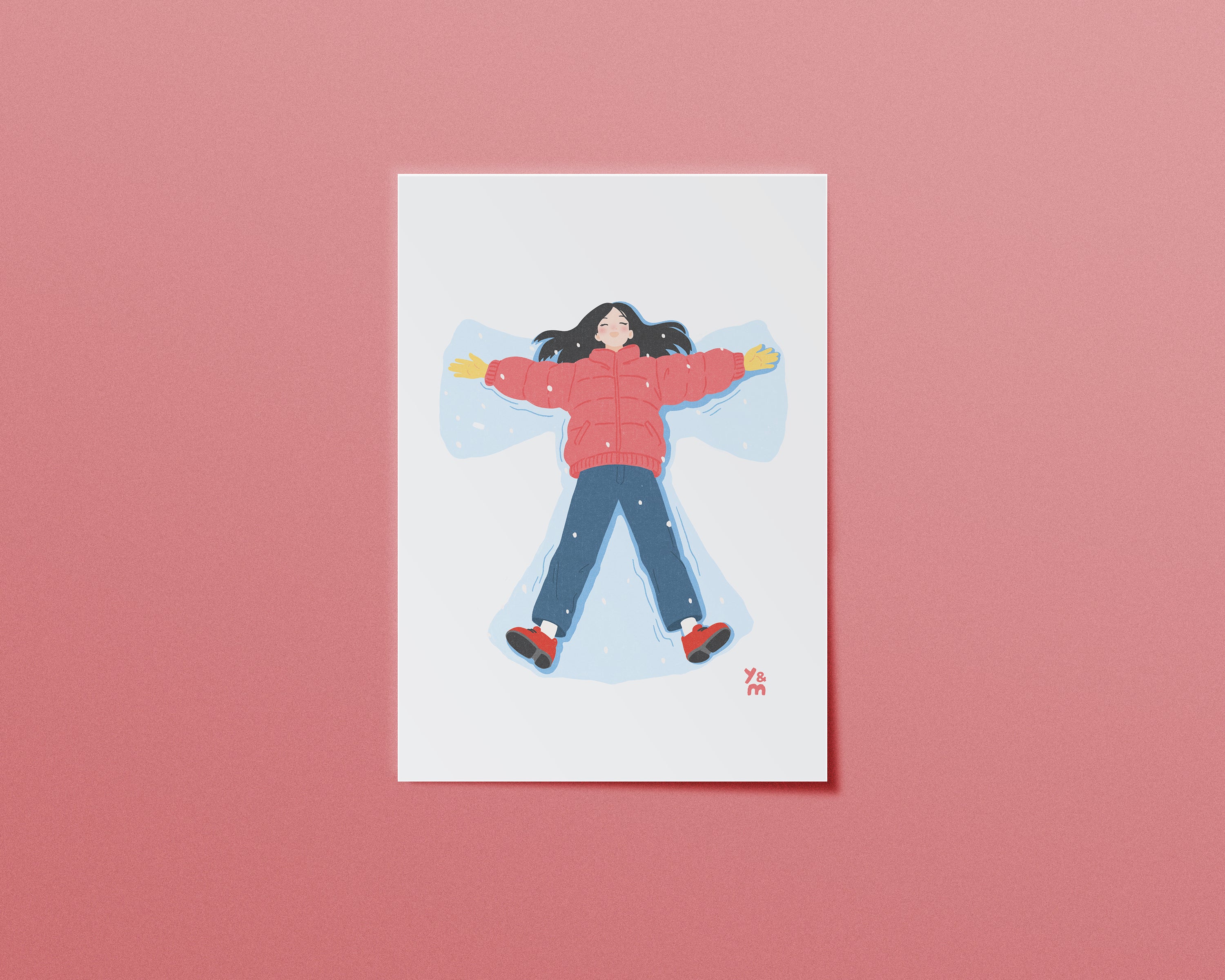 Affiche japonaise hiver Snow Angel – jeune fille en doudoune rouge faisant un ange dans la neige