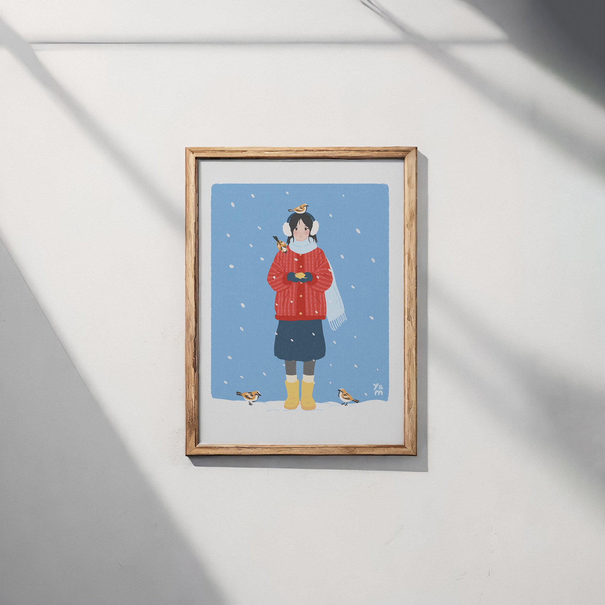 Affiche Winter Birds encadrée sur mur clair – décoration murale japonaise hiver
