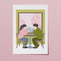 Affiche japonaise rencontre au café – illustration kawaii couple printemps, format A4 A5