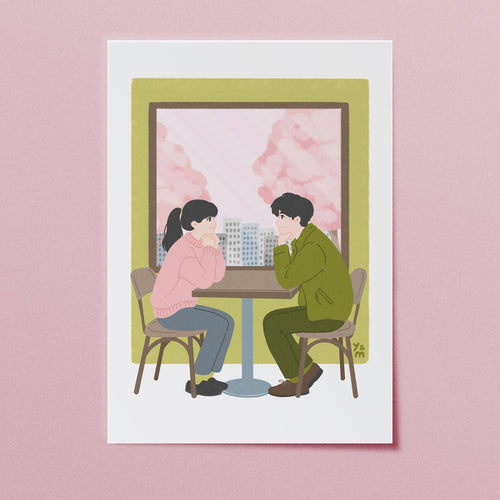 Affiche japonaise rencontre au café – illustration kawaii couple printemps, format A4 A5