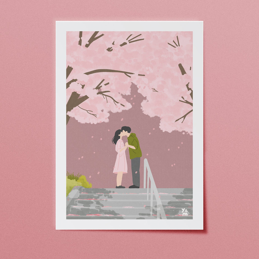 affiche japonaise cerisier en fleurs couple sakura