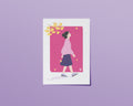 Affiche japonaise automne Ginkgo Walk – fille marchant sous une branche de ginkgo dorée, fond fuchsia