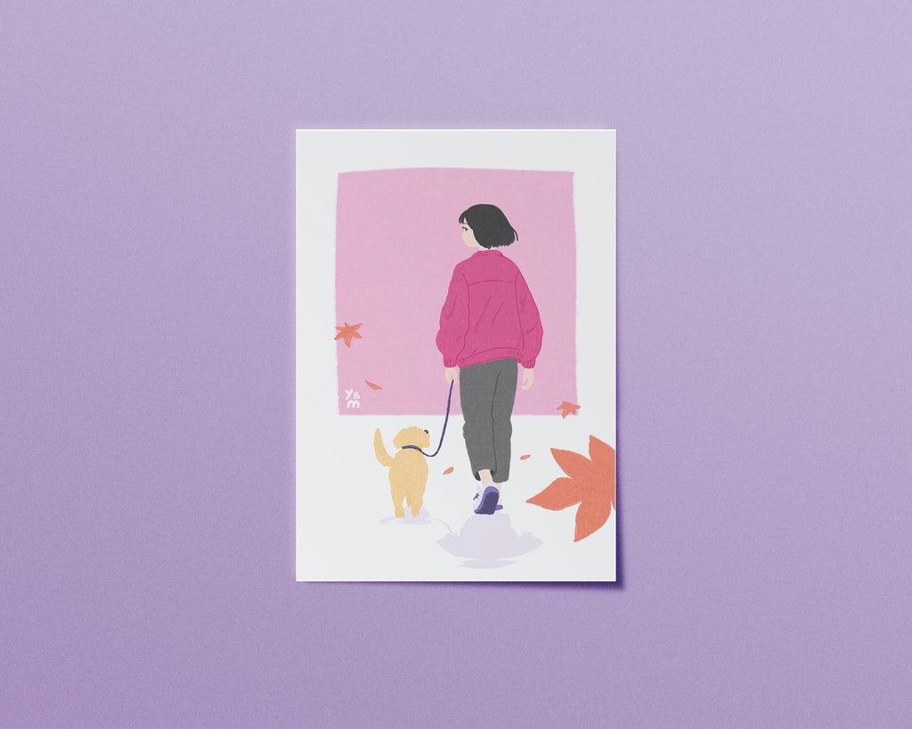 Affiche japonaise automne Momiji Walk – promenade avec un chien sous les feuilles d’érable