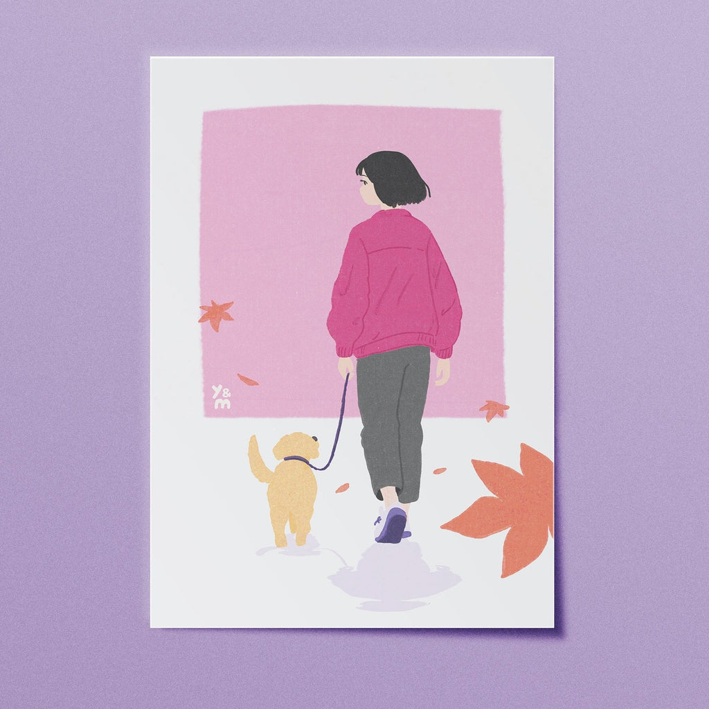 Affiche japonaise automne Momiji Walk – promenade avec un chien sous les feuilles d’érable