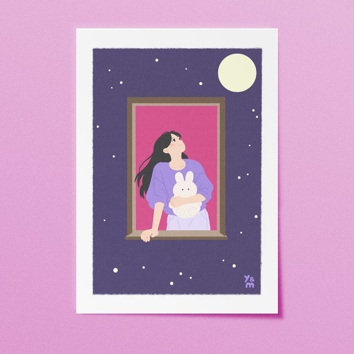 Affiche japonaise automne Tsukimi Dream – jeune fille à sa fenêtre avec un lapin en peluche face à la pleine lune