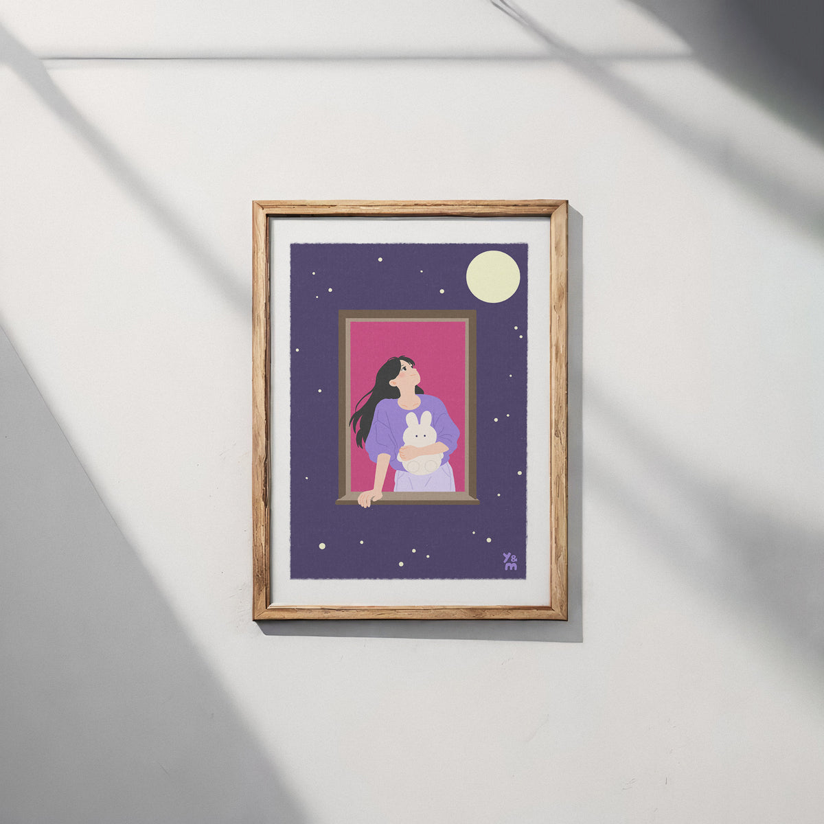 Affiche Tsukimi Dream encadrée sur mur clair – décoration murale japonaise lune et fenêtre