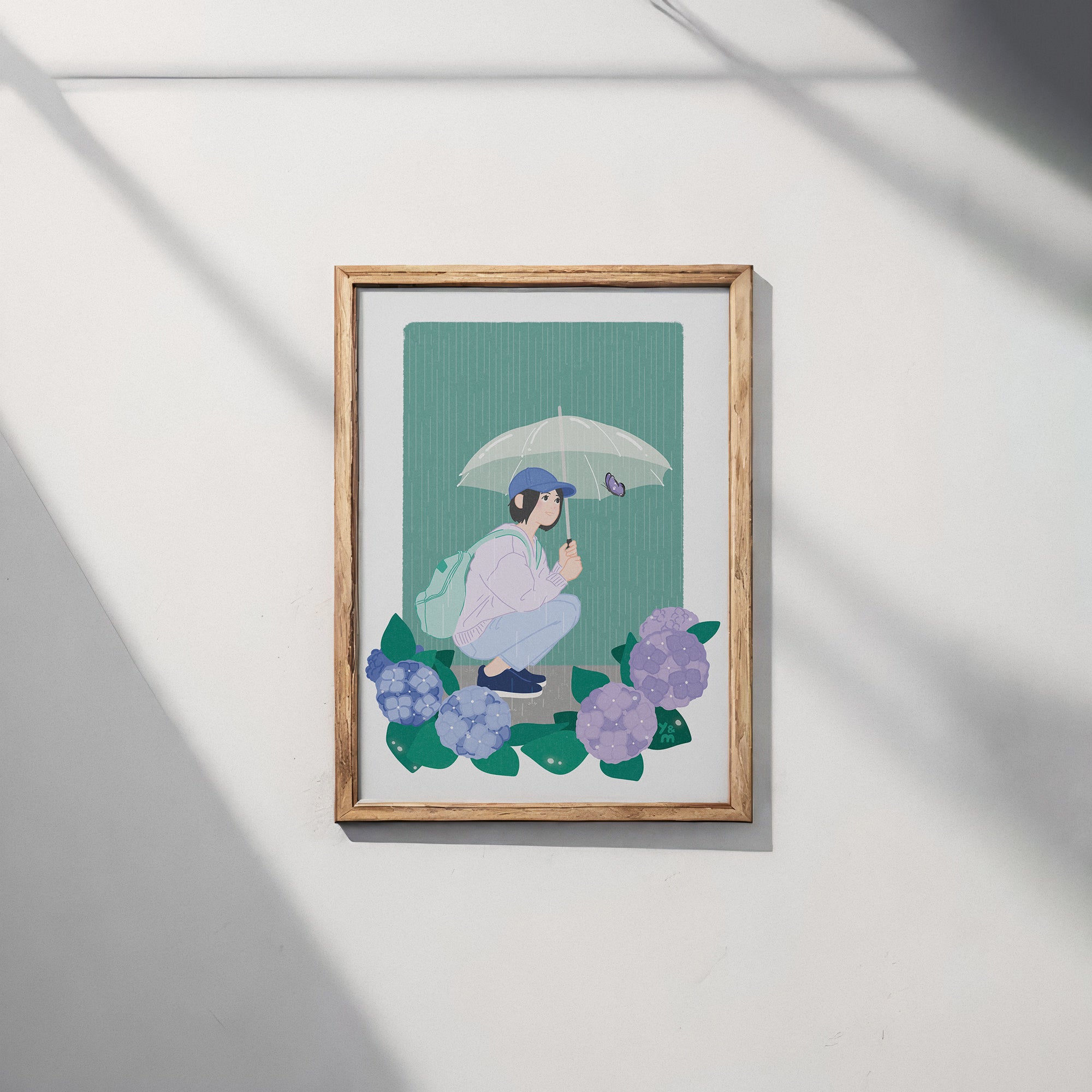 Affiche Rainy Day encadrée sur mur clair – décoration murale japonaise saison des pluies