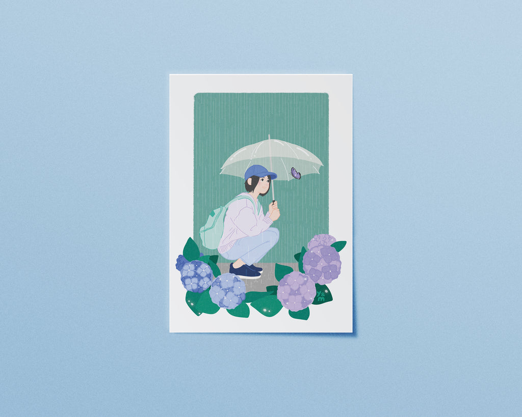 Affiche japonaise Rainy Day – fille sous parapluie transparent parmi les hortensias sous la pluie