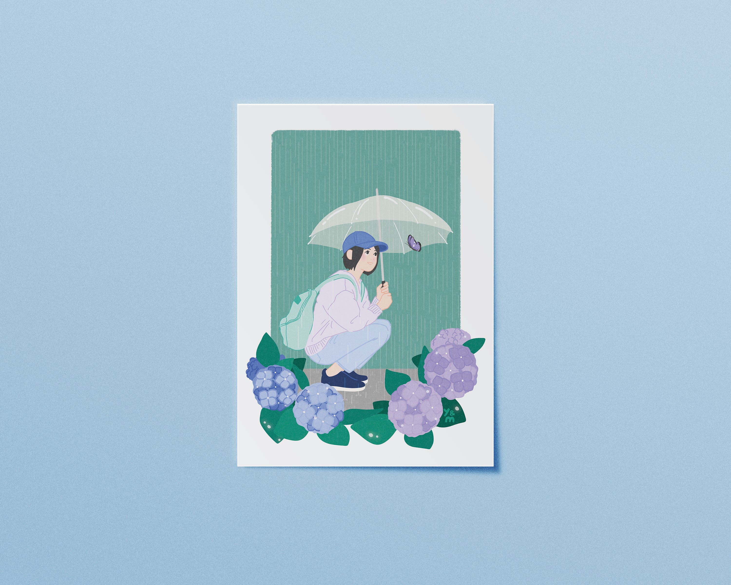 Affiche japonaise Rainy Day – fille sous parapluie transparent parmi les hortensias sous la pluie