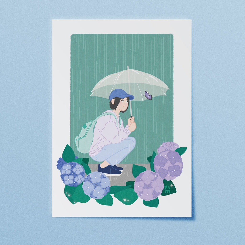 Affiche japonaise Rainy Day – fille sous parapluie transparent parmi les hortensias sous la pluie