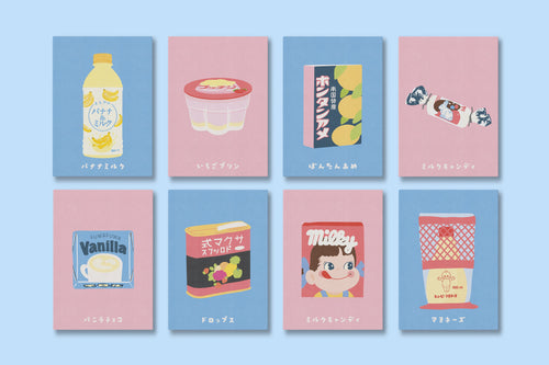 Mini prints japonais format A6 – illustrations gourmandes konbini sur papier 300g, pack surprise